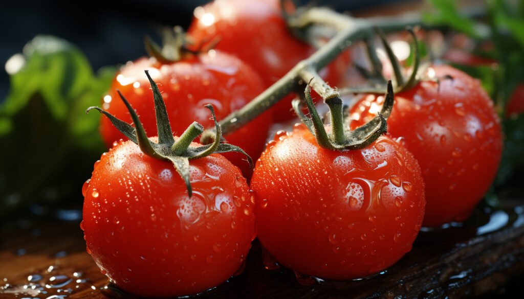Fresh, ripe tomato slice on wooden plate, healthy and delicious generated by AI